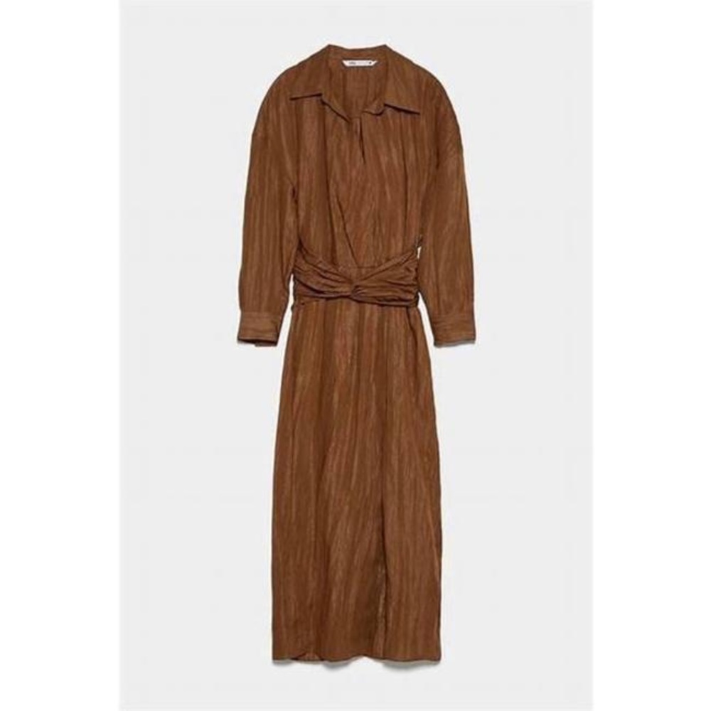 Zara limited edition draped caramel brown slit midi dress with sash belt - Picture 2 of 11